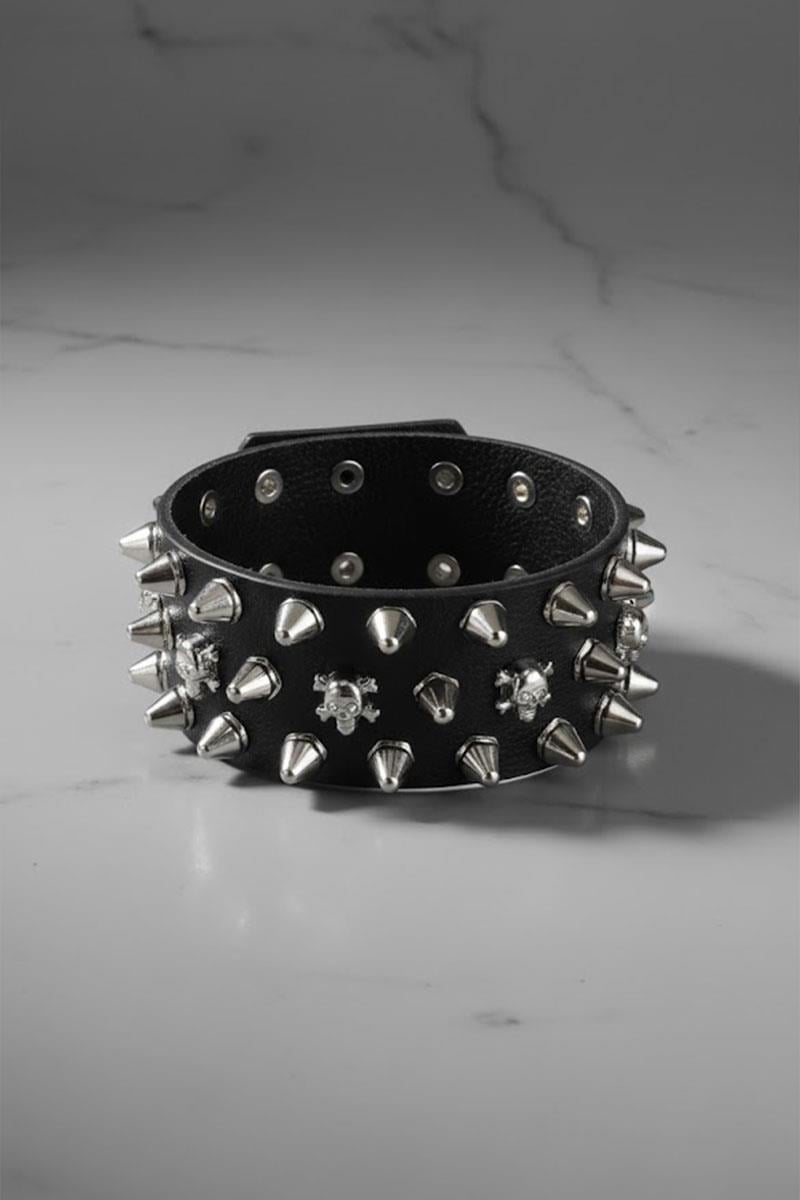 Siyah Gotik 3 Şerit Skull Dikenli Detaylı Deri Bileklik