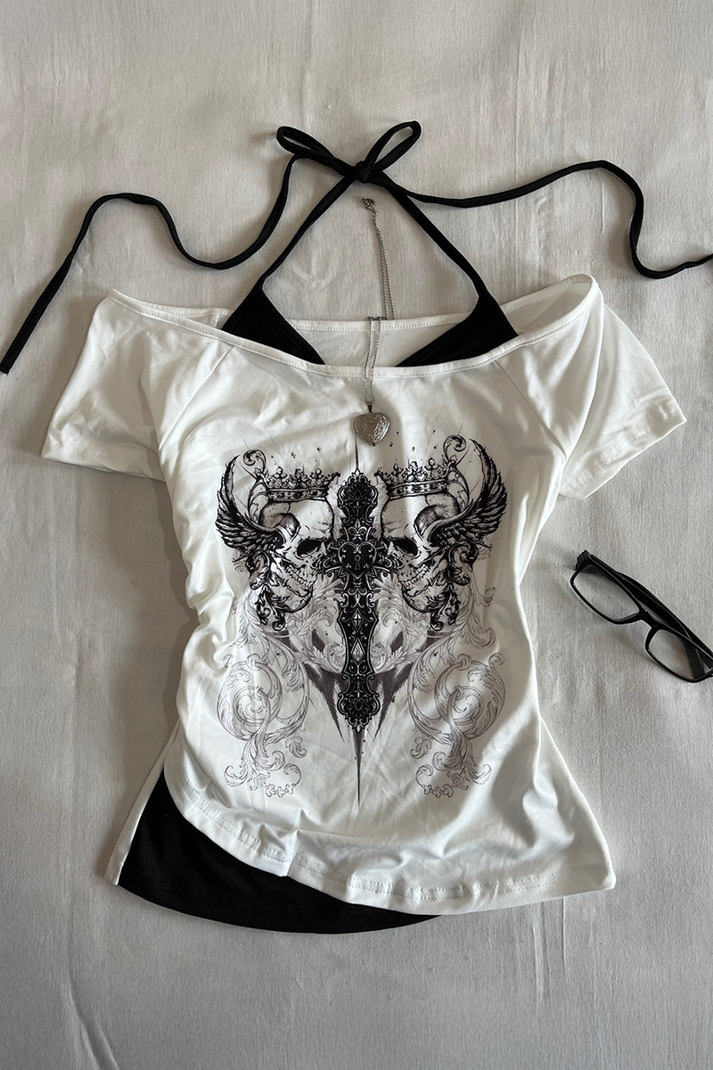 Siyah Gotik Aesthetic Skulls Cross Ekli Bağlamalı Y2K Kısa Kollu Crop
