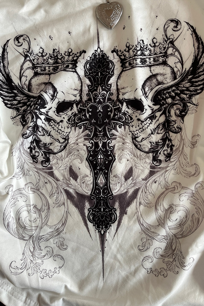 Siyah Gotik Aesthetic Skulls Cross Ekli Bağlamalı Y2K Kısa Kollu Crop