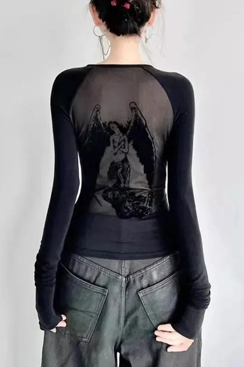 Siyah Gotik Angel Sırtı Transparan Y2K Uzun Kollu Crop