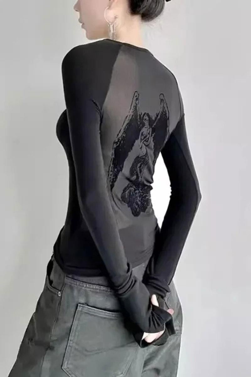 Siyah Gotik Angel Sırtı Transparan Y2K Uzun Kollu Crop