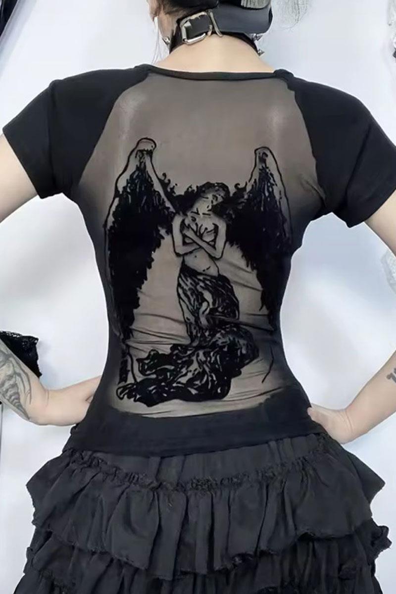 Siyah Gotik Angel Sırtı Transparan Y2K Kısa Kollu Crop