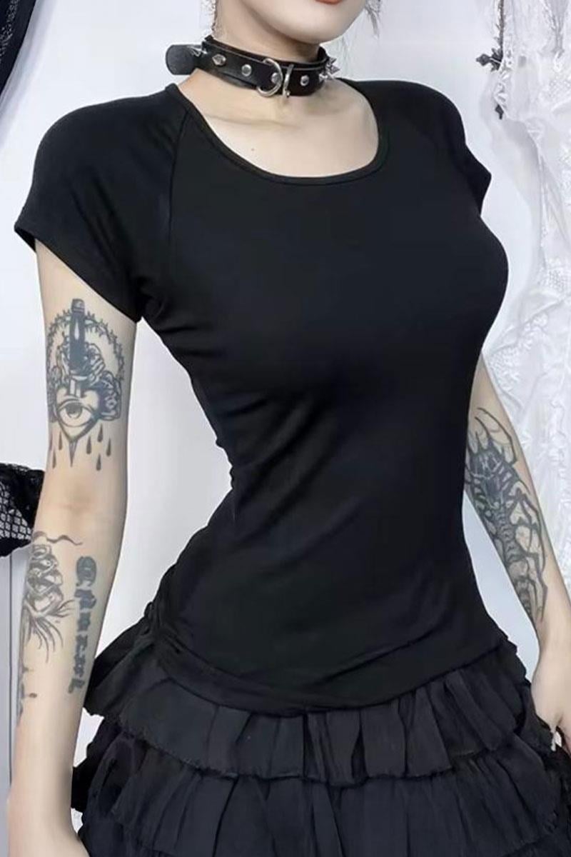 Siyah Gotik Angel Sırtı Transparan Y2K Kısa Kollu Crop