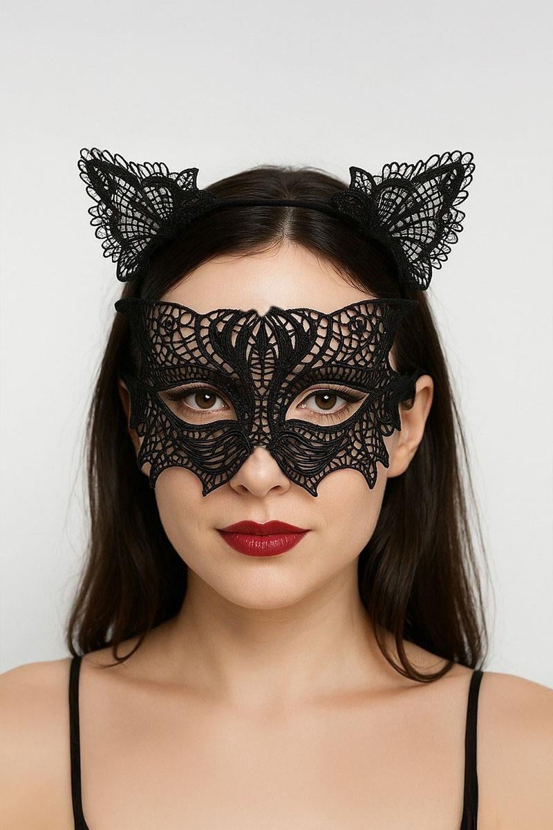 Siyah Gotik Dantelli Kedi Maskesi ve Taç Seti