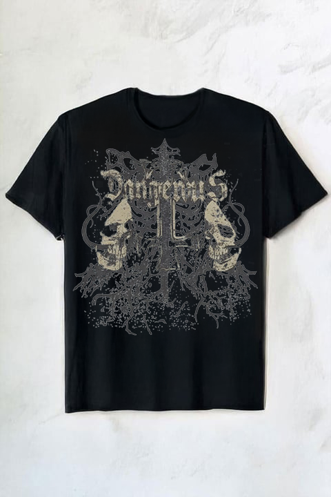 Siyah Gotik Double Skull Harajuku Y2K Unisex T-Shirt 