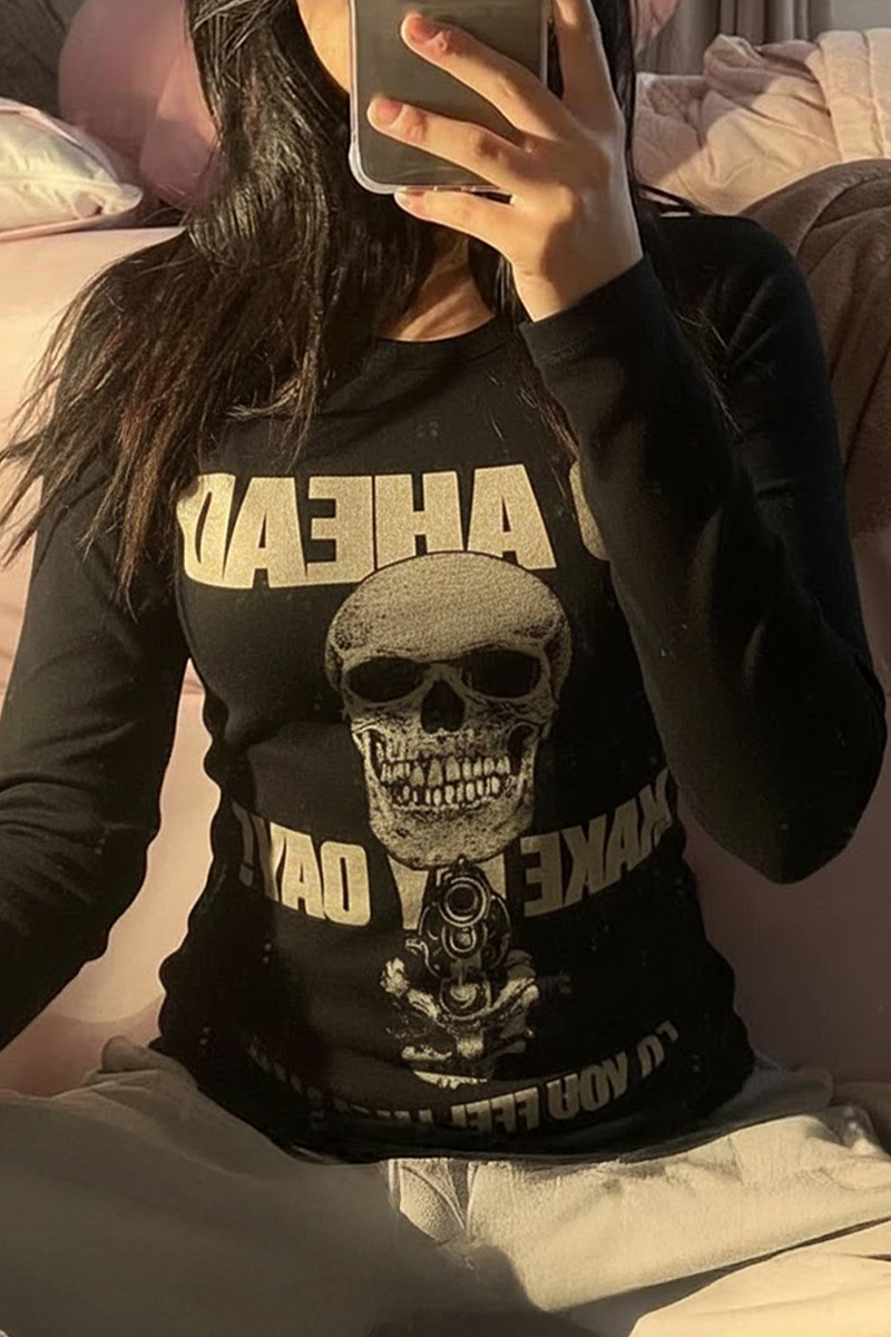 Siyah Gotik Harajuku Go Ahead Make My Day Y2K Uzun Kollu Crop Crop