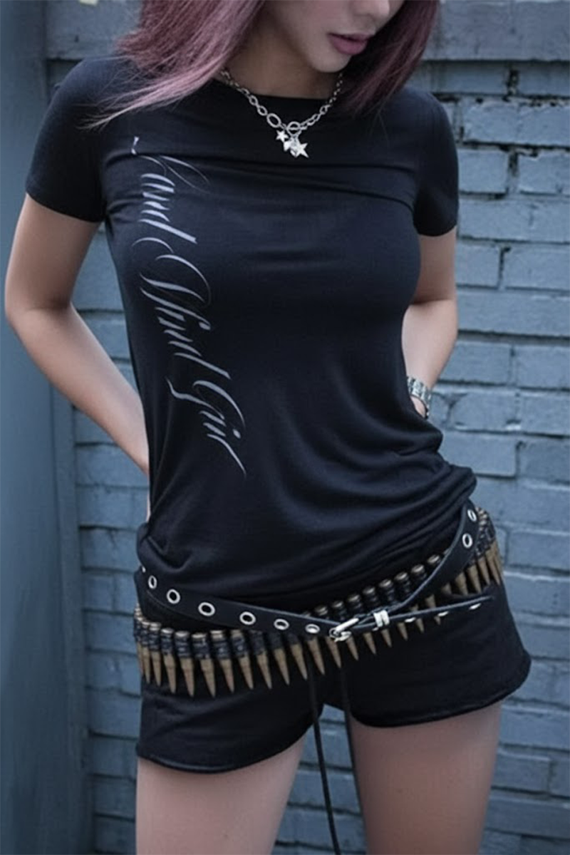 Siyah Gotik Sırt Baskılı Wing Geniş Yaka Y2K Kısa Kollu Crop