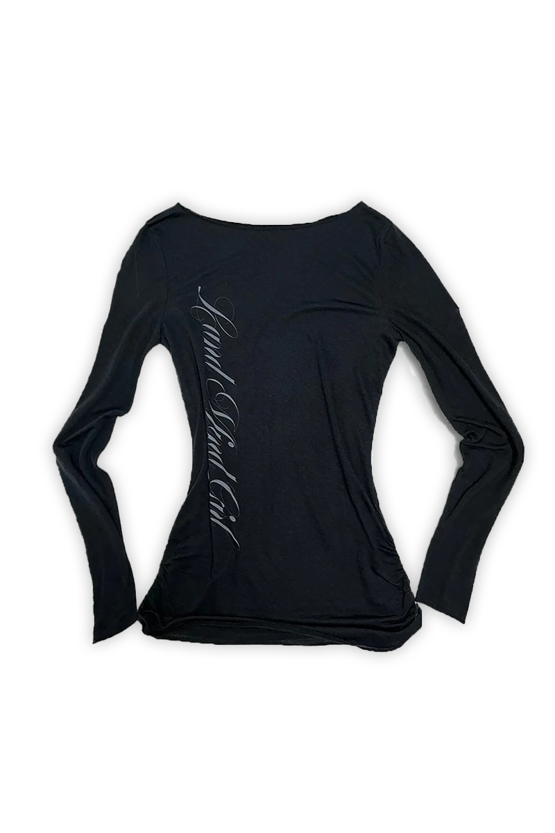 Siyah Gotik Sırt Baskılı Wing Geniş Yaka Y2K Uzun Kollu Crop