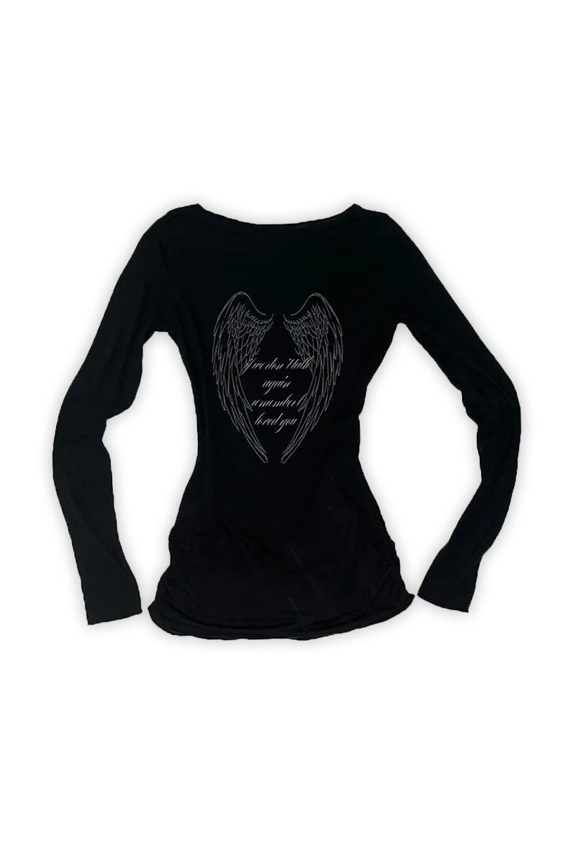 Siyah Gotik Sırt Baskılı Wing Geniş Yaka Y2K Uzun Kollu Crop