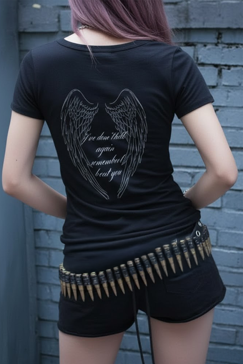 Siyah Gotik Sırt Baskılı Wing Geniş Yaka Y2K Kısa Kollu Crop