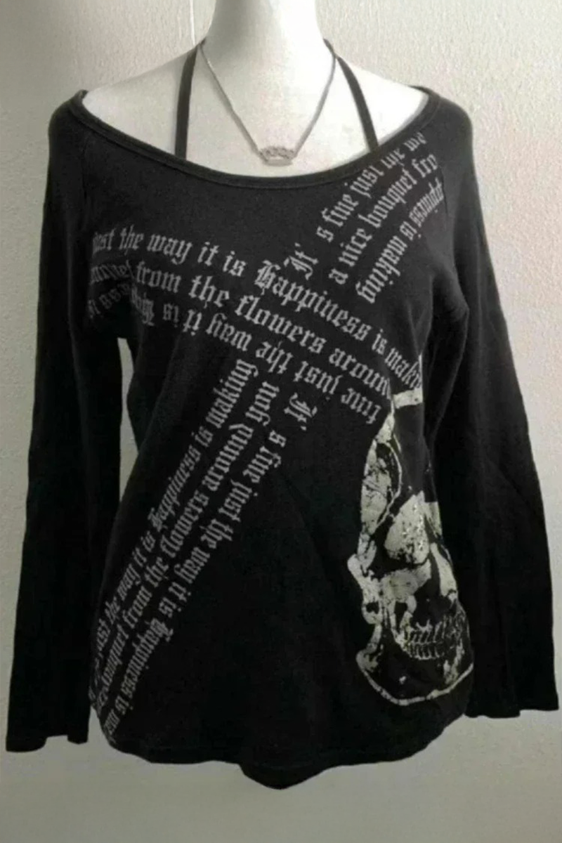 Siyah Gotik Skull Askılı Y2K Uzun Kollu Crop