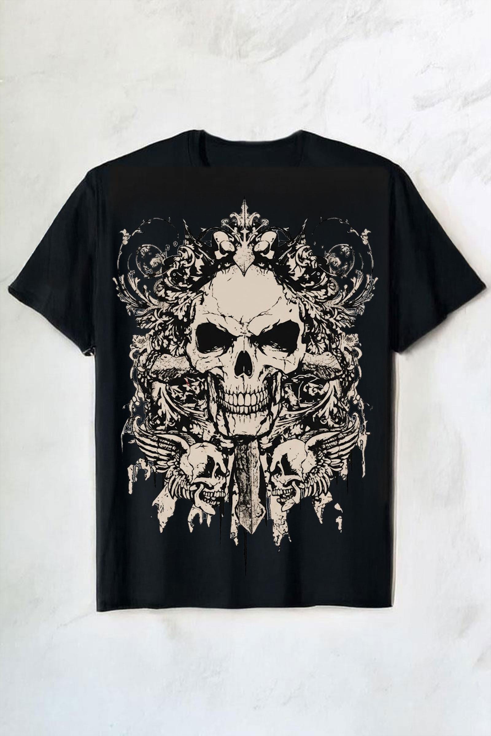 Siyah Gotik Skull Baskılı Y2K Unisex T-shirt