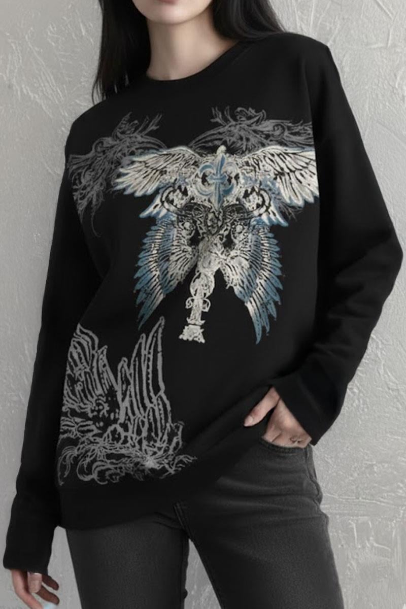 Siyah Gotik Wing Detaylı Y2K Unisex Sweatshirt