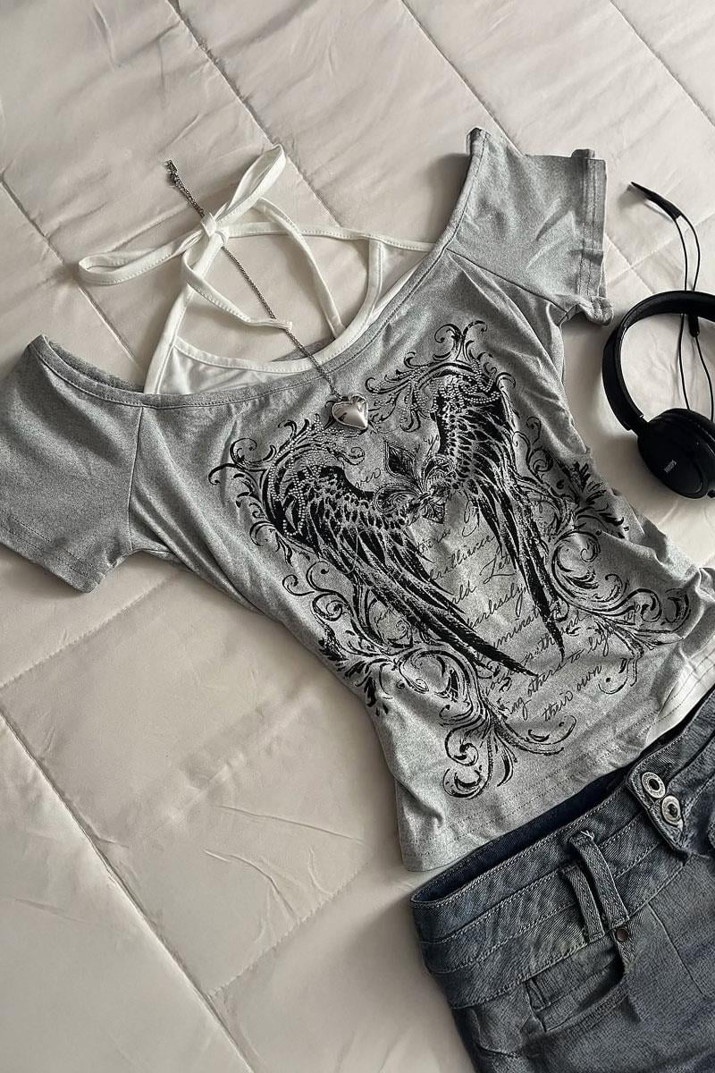 Siyah Gotik Wing Note Y2K Kısa Kollu Crop