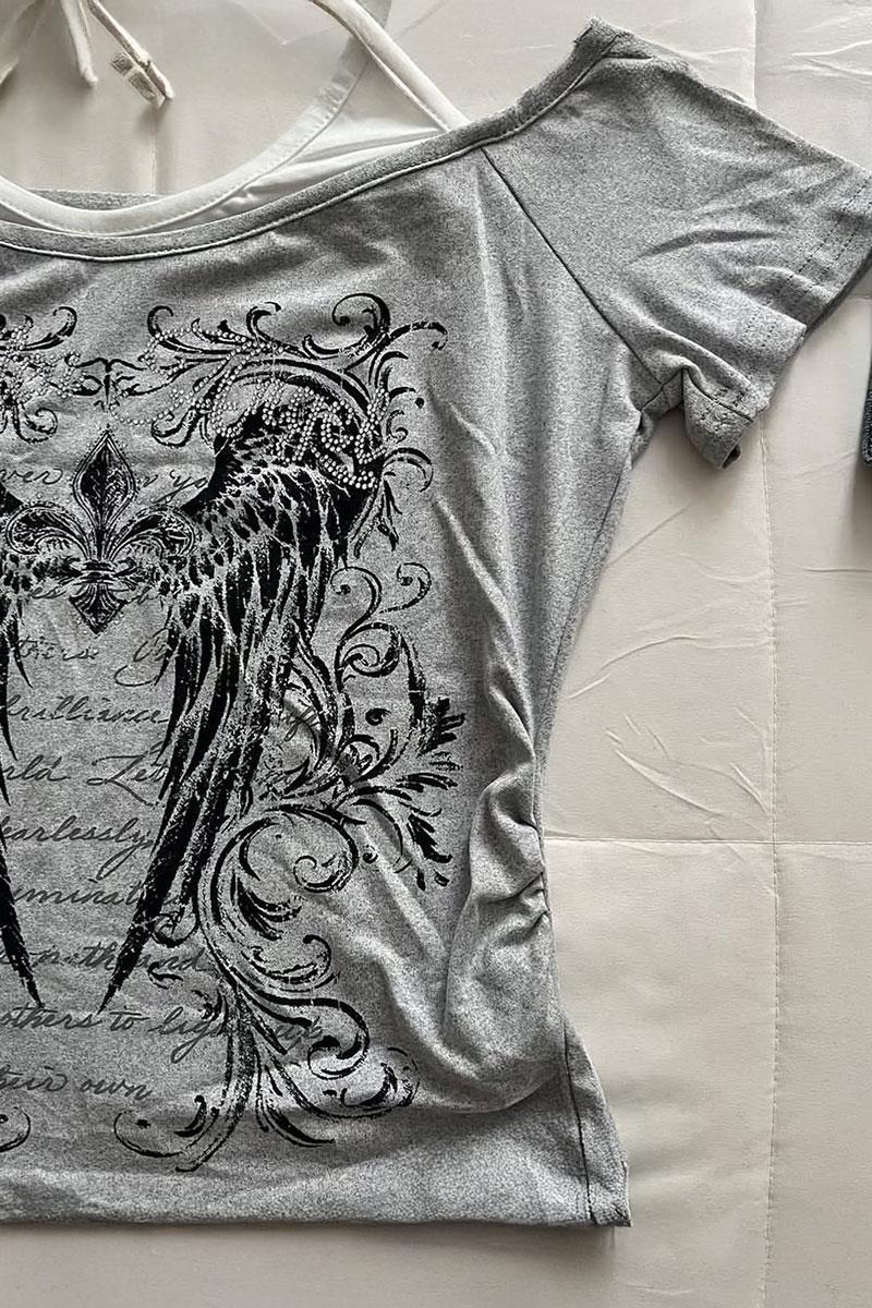 Siyah Gotik Wing Note Y2K Kısa Kollu Crop