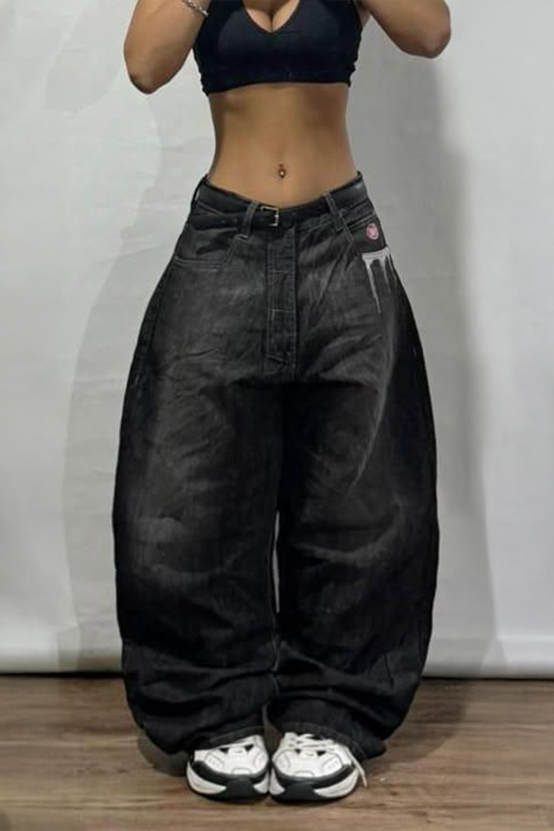 Siyah Grafiti Yıkamalı Harajuku Baggy Y2K Pantolon