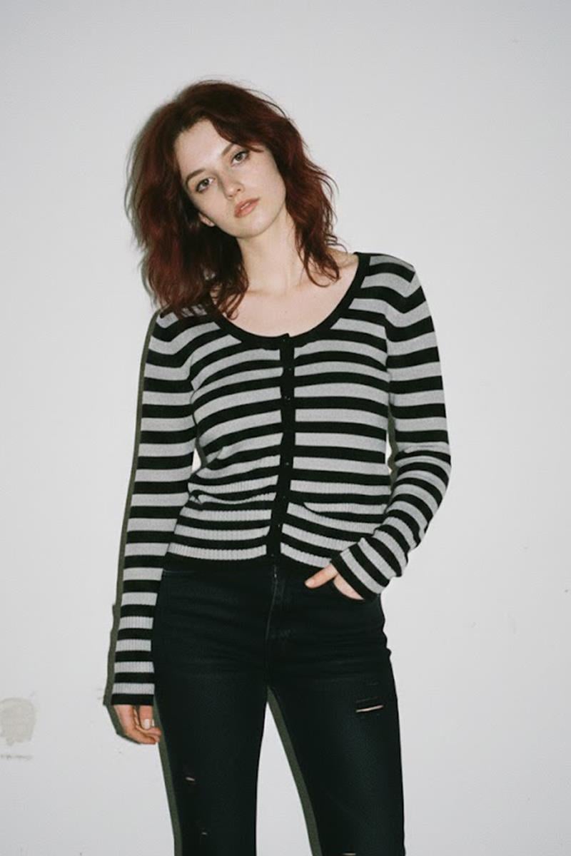 Siyah Gri Çizgili Grunge Y2K Stili Triko Hırka 