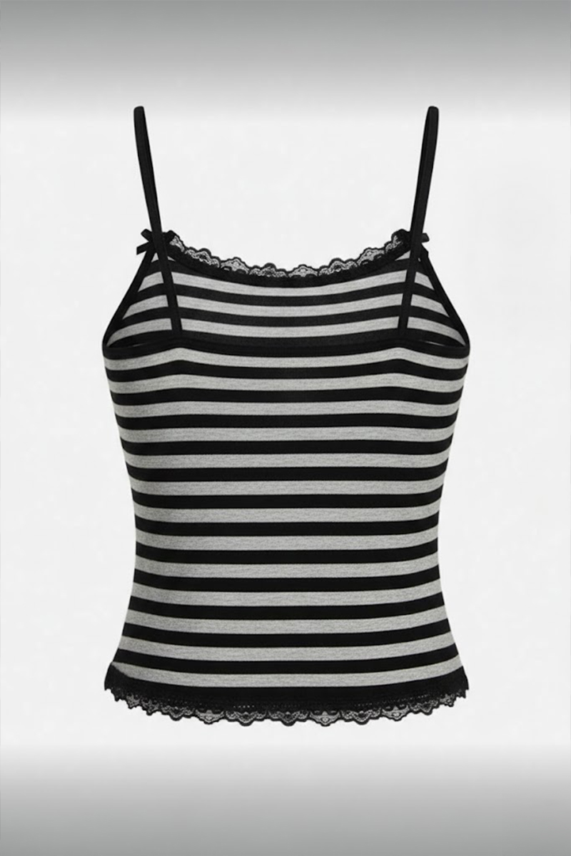 Siyah Gri Çizgili Kara Kedi Detaylı Dantel Yaka Fiyonklu Y2K Askılı Crop