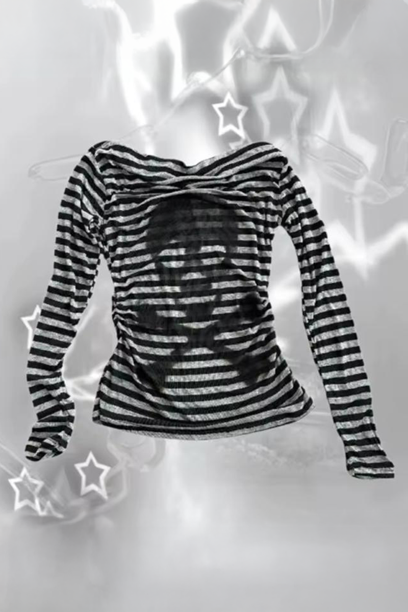 Siyah Gri Çizgili Skull Y2K Uzun Kollu Crop