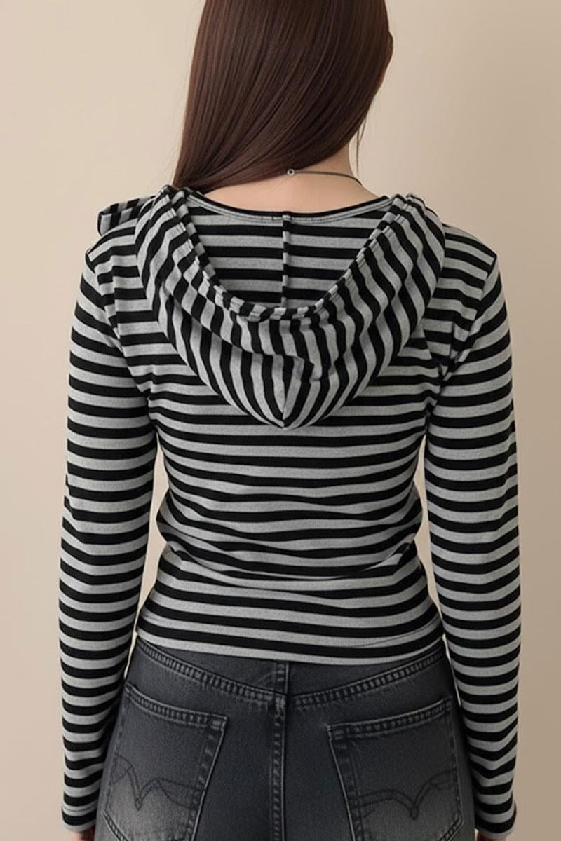 Siyah Gri Henrey Yaka Y2K Kapüşonlu Uzun Kollu Crop