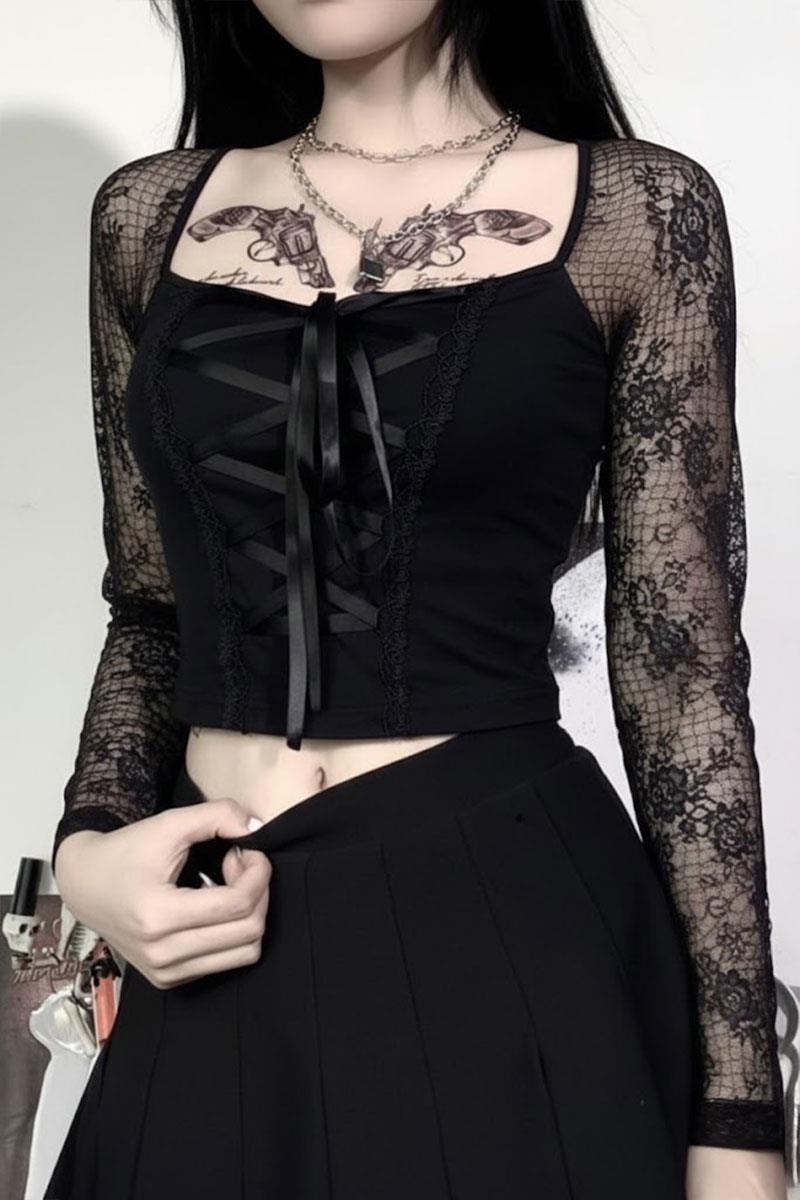 Siyah Harajuku Fashion Gotik Detaylı Y2K Uzun Kollu Crop