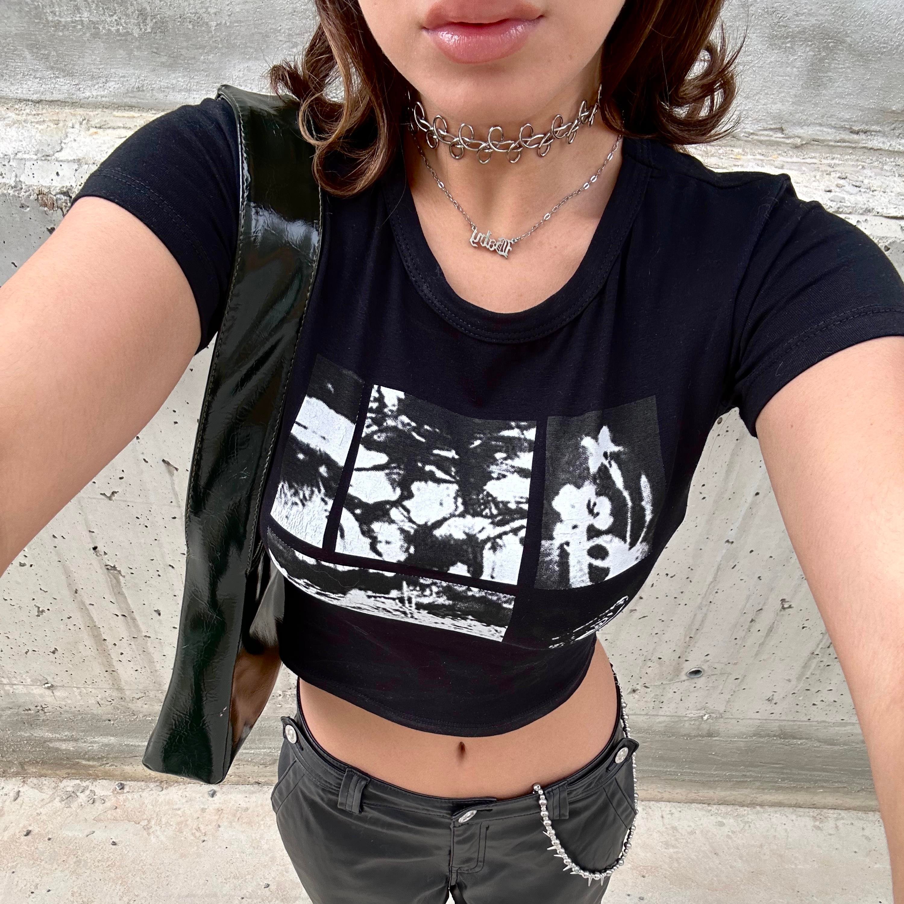 Siyah Harajuku Fashion Horror Collage Kısa Kollu Crop