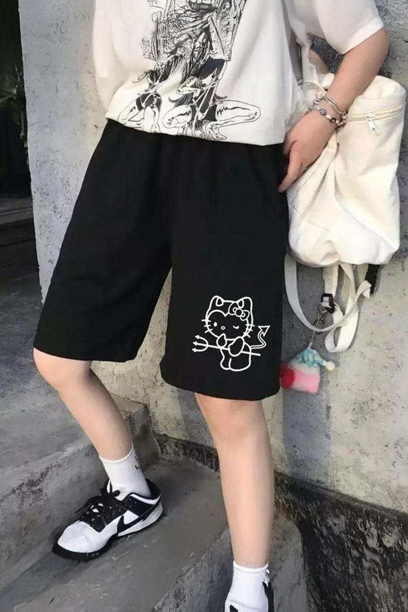 Siyah Hello Kitty Demon Penye Y2K Unisex Şort