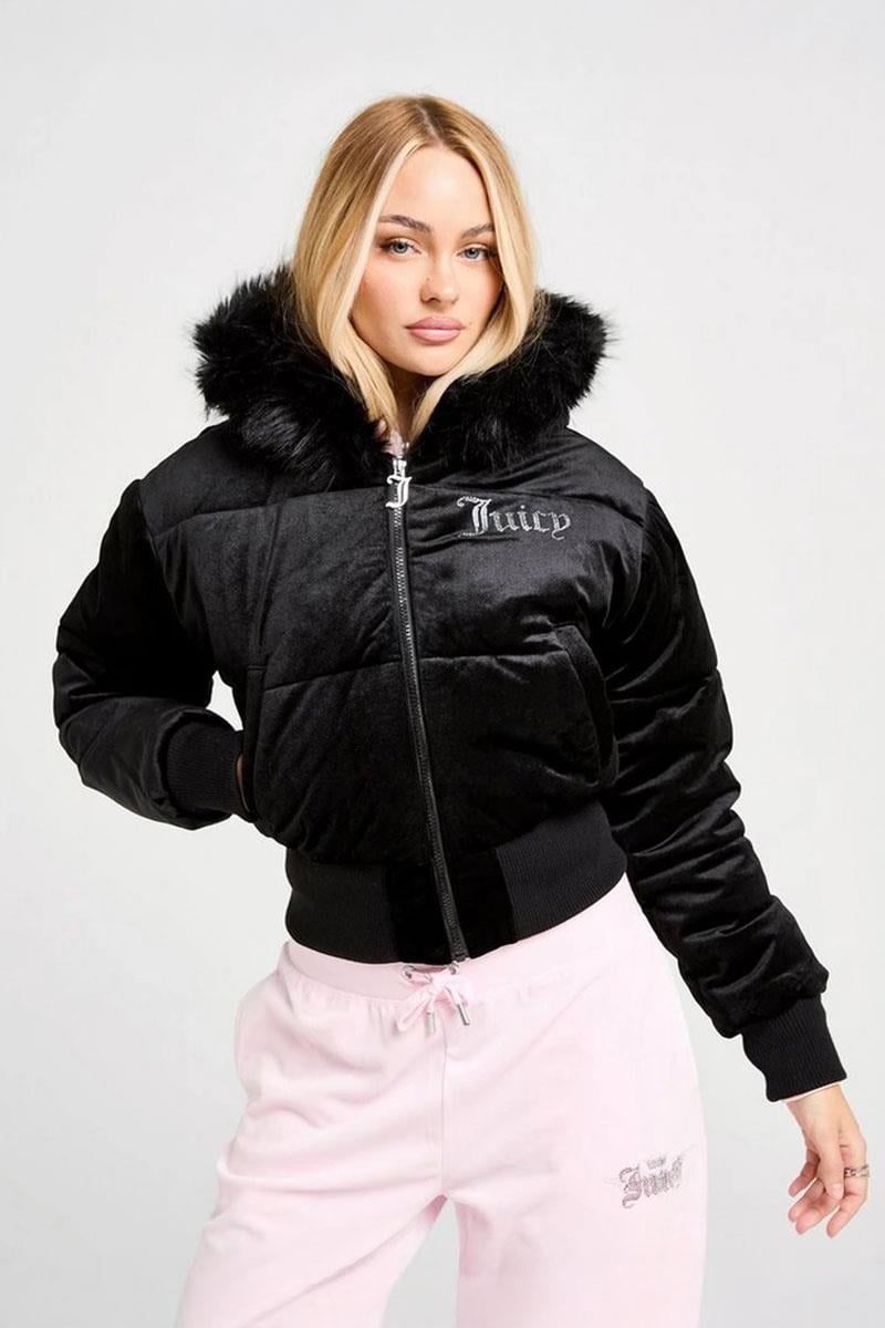 Siyah Juicy Peluş Kapüşonlu Şişme Beli Lastikli Crop Mont