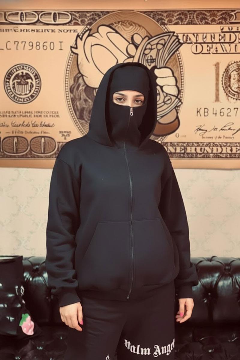 Siyah Kar Maskeli Samuray Kapüşonlu Sweatshirt