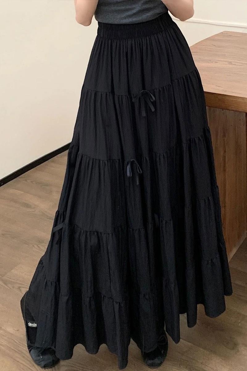 Siyah Katlamalı Kurdeleli Uzun Etek