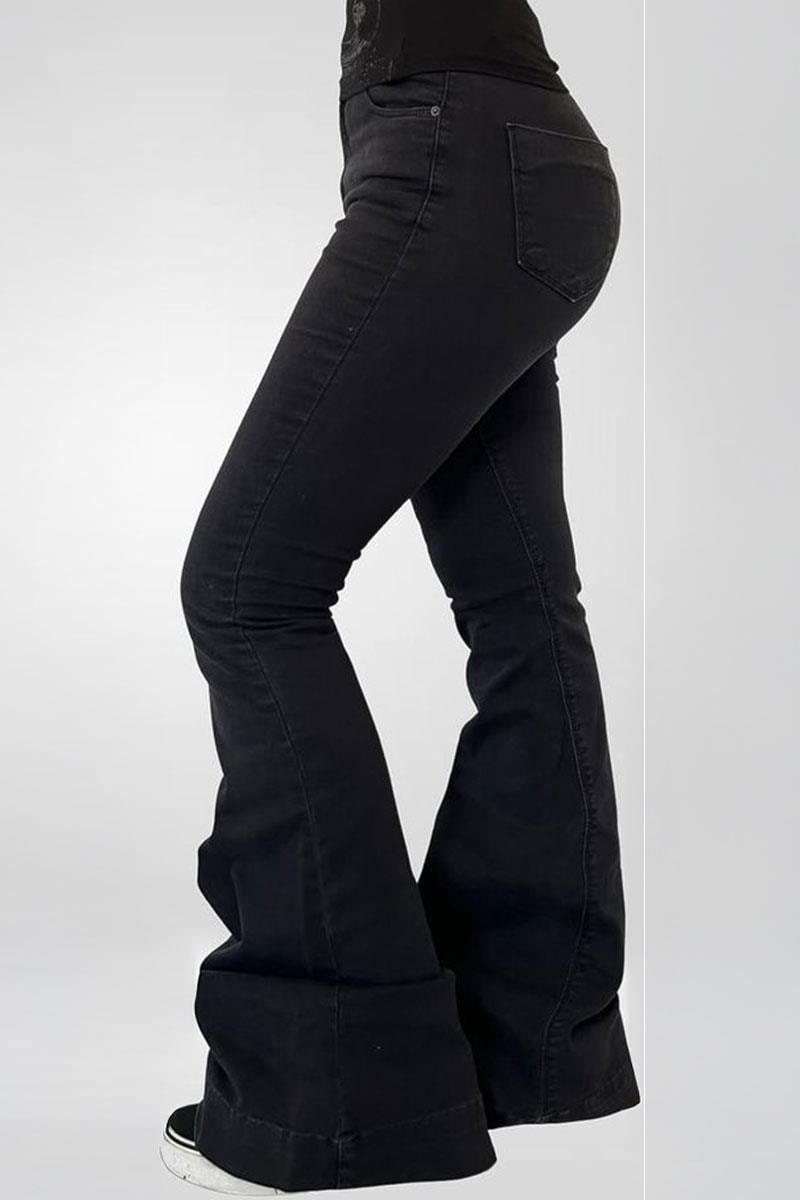 Siyah Low Rise V Kesim Mavi İspanyol Paça Pantolon