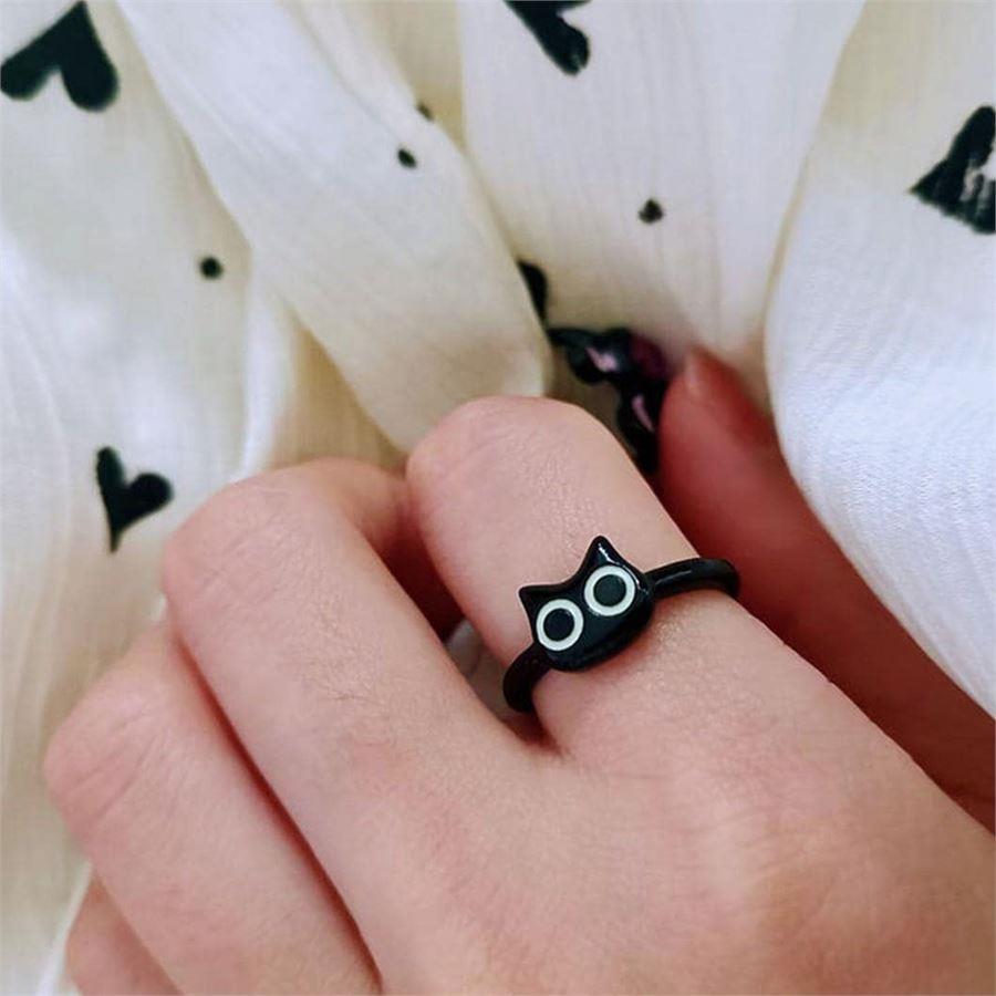 Siyah Minimal Baykuş Yüzük