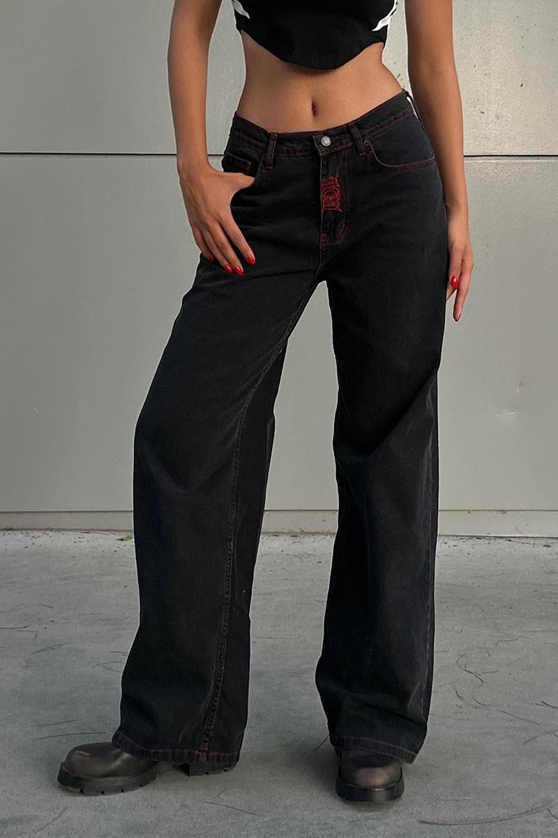 Siyah Nakışlı Skeleton Heaven Can Wait Streetwear Jean Pantolon