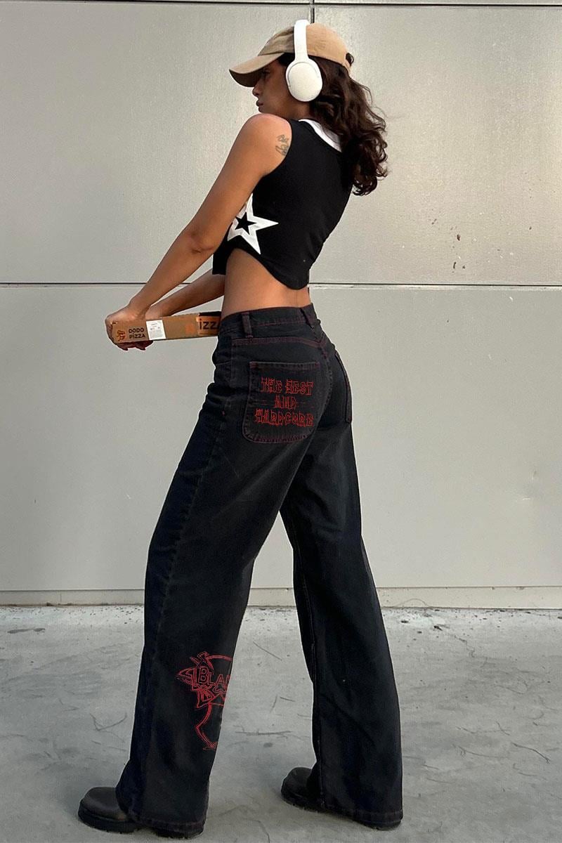 Siyah Nakışlı Skeleton Heaven Can Wait Streetwear Jean Pantolon