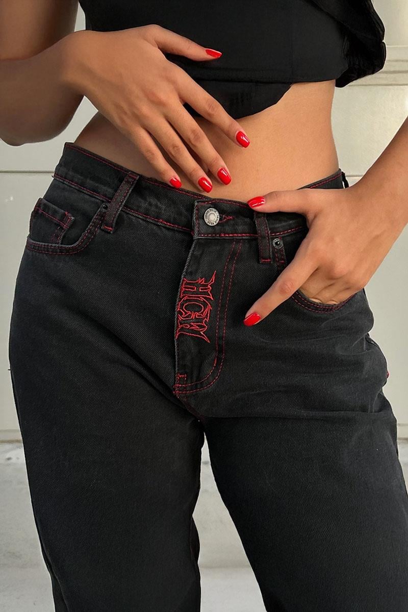 Siyah Nakışlı Skeleton Heaven Can Wait Streetwear Jean Pantolon