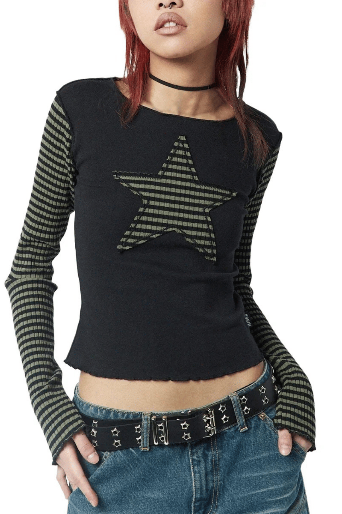 Siyah Raglan Haki Star Gotik Grunge Y2K Uzun Kollu Crop 