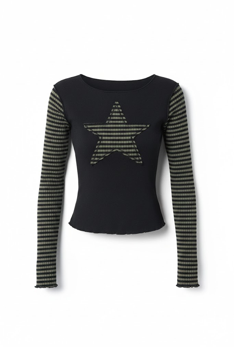 Siyah Raglan Haki Star Gotik Grunge Y2K Uzun Kollu Crop 