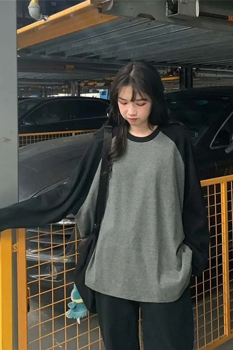 Siyah Raglan Kollu Antrasit Basic Unisex Uzun Kollu