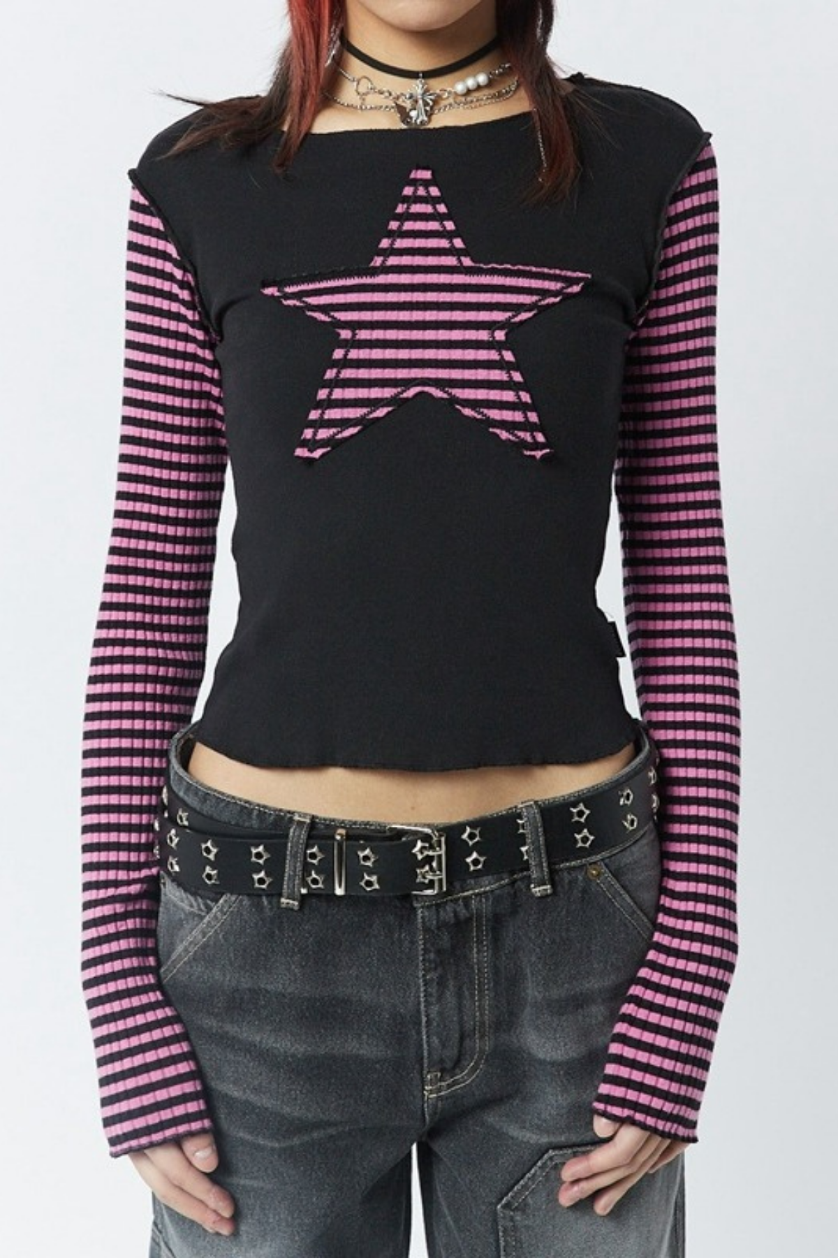 Siyah Raglan Pembe Star Uzun Kollu Crop