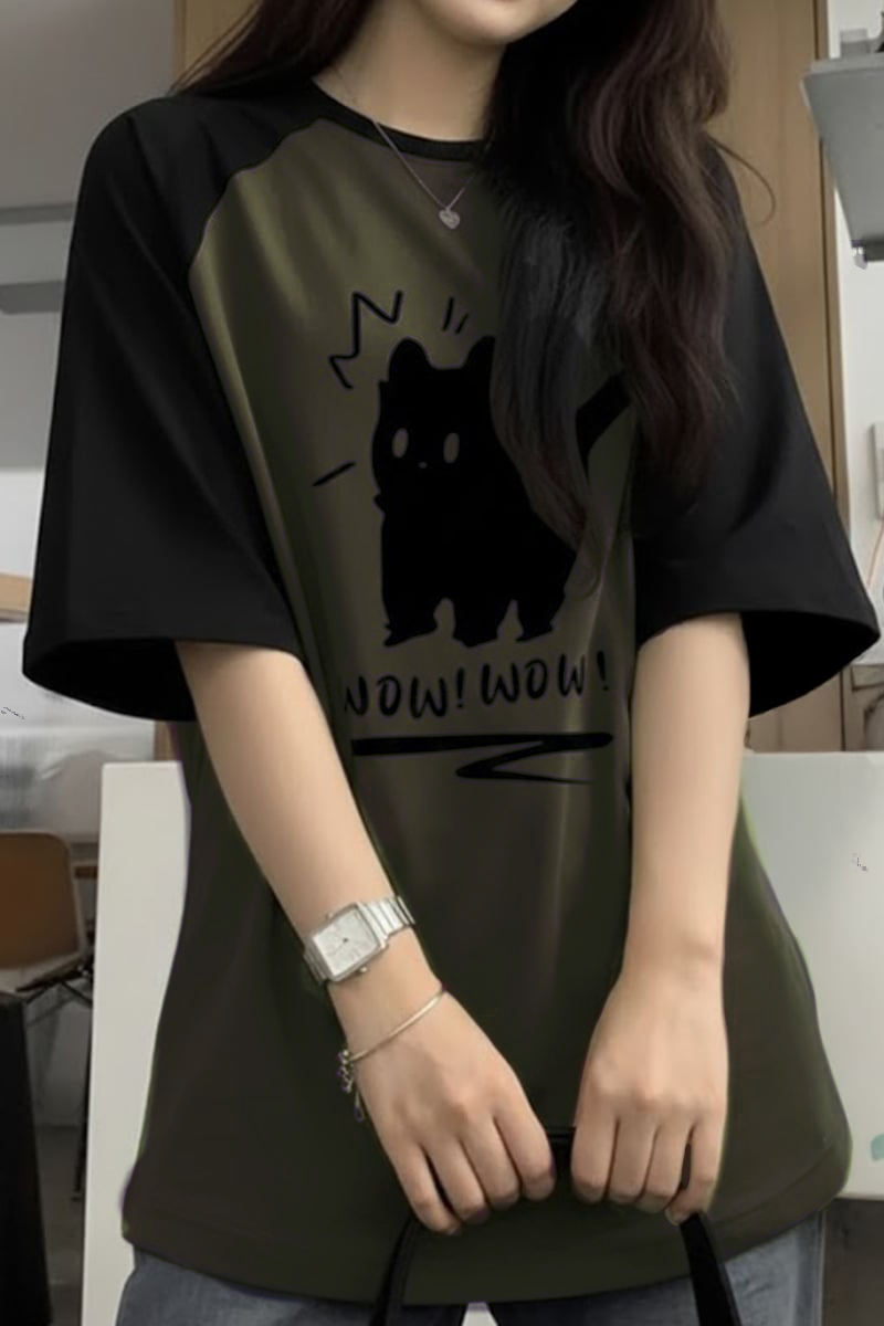 Siyah Raglan Yeşil Wow! Wow! Cat Y2K Unisex T-Sihrt