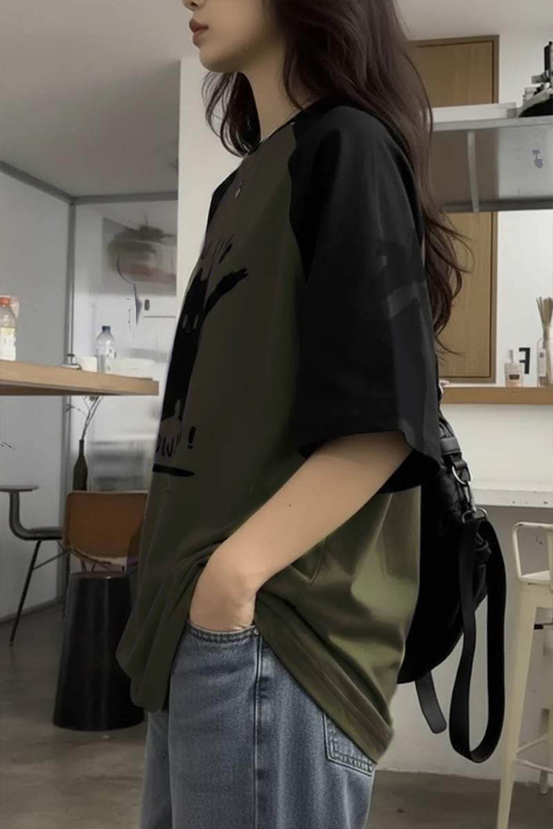 Siyah Raglan Yeşil Wow! Wow! Cat Y2K Unisex T-Sihrt