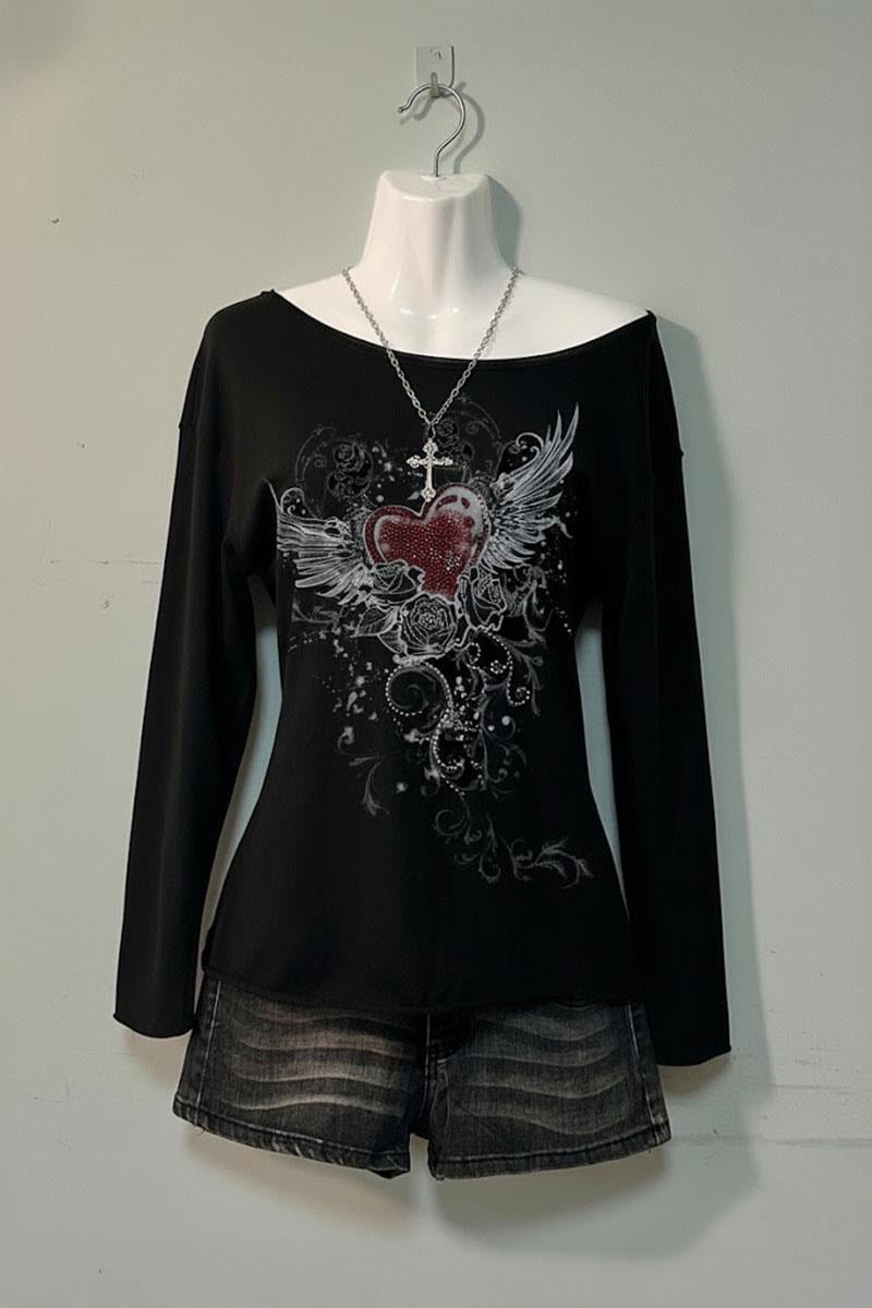 Siyah Rose Red Heart Gotik Y2K Uzun Kollu Crop