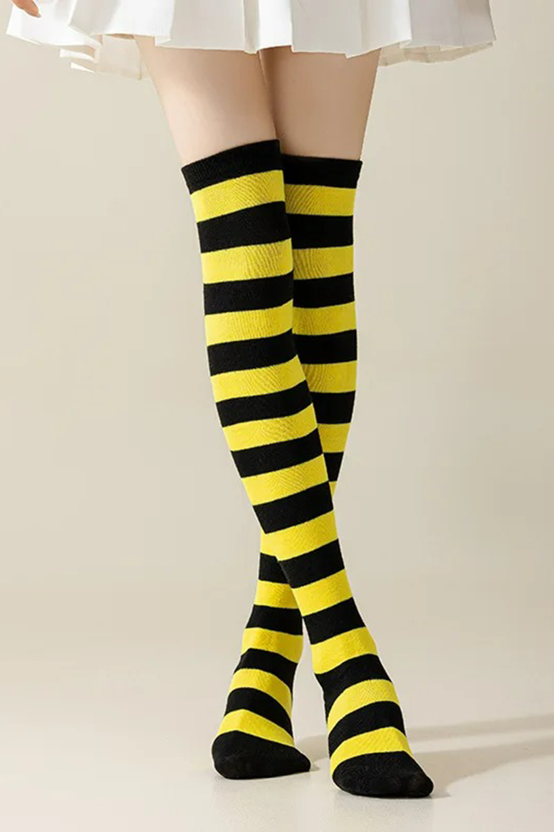 Siyah Sarı Çizgili Y2K Diz Üstü Çorap