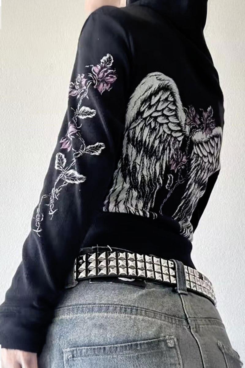 Siyah Sırtı Kanatlı Gotik Flower Y2K Crop Hırka
