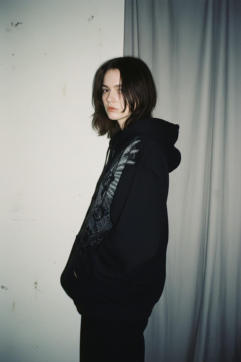 Siyah South Pole Gotik Wing Grunge Y2K Unsiex Kapüşonlu Hırka 