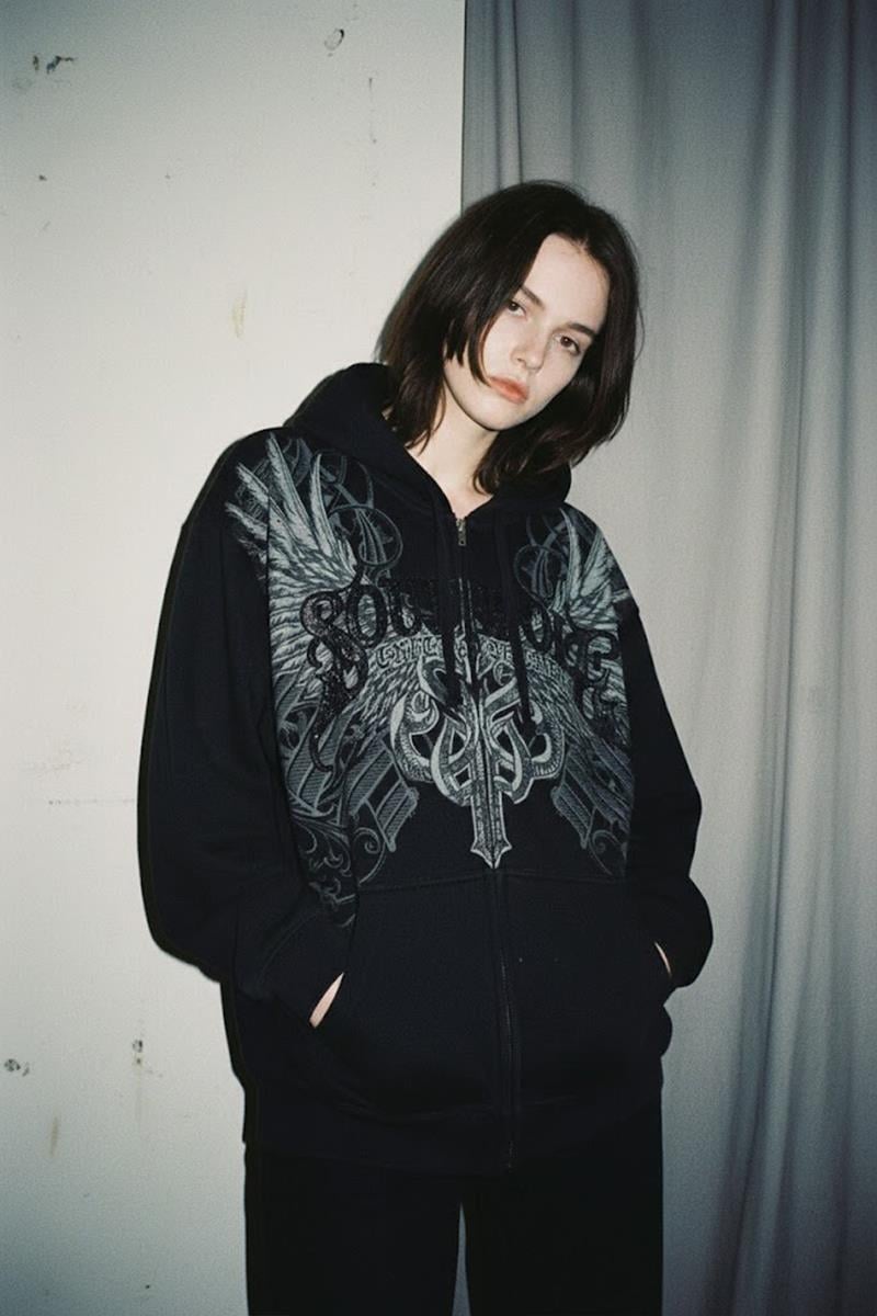 Siyah South Pole Gotik Wing Grunge Y2K Unsiex Kapüşonlu Hırka 