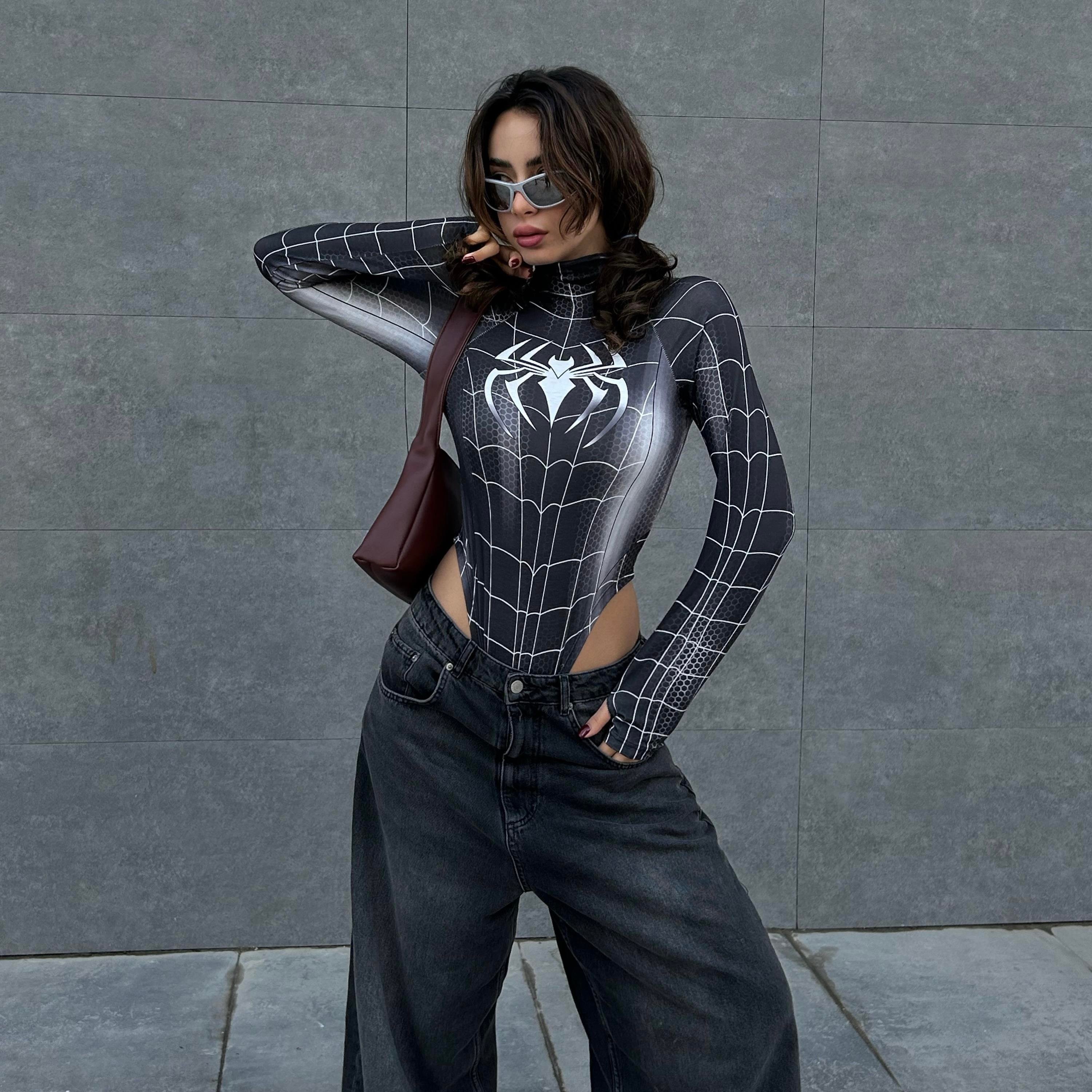 Siyah Spider Çıtçıtlı Uzun Kollu Body