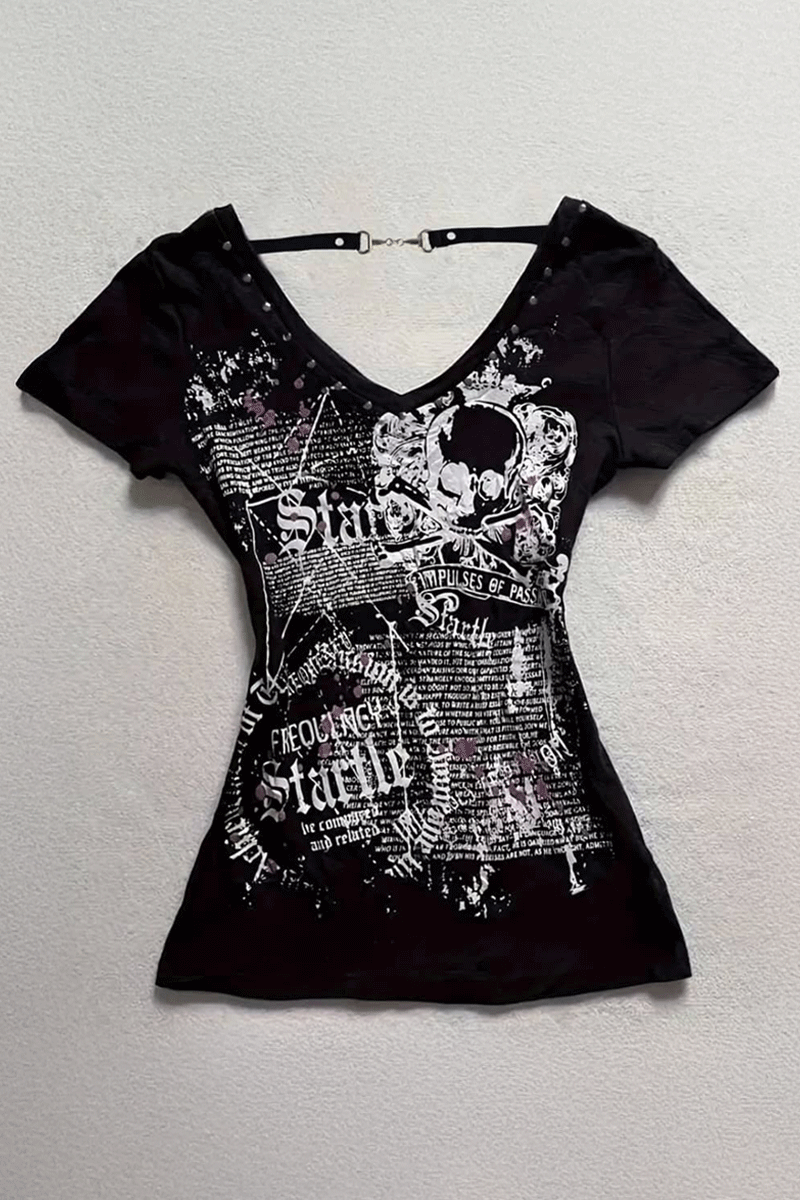 Siyah Startle Askılı Gotik Kısa Kollu Crop