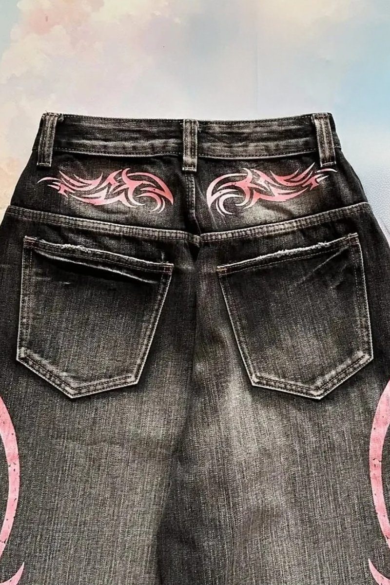 Siyah Taşlamalı Grunge Pembe Tribal Baskılı Harajuku Y2K Unisex Baggy Pantolon