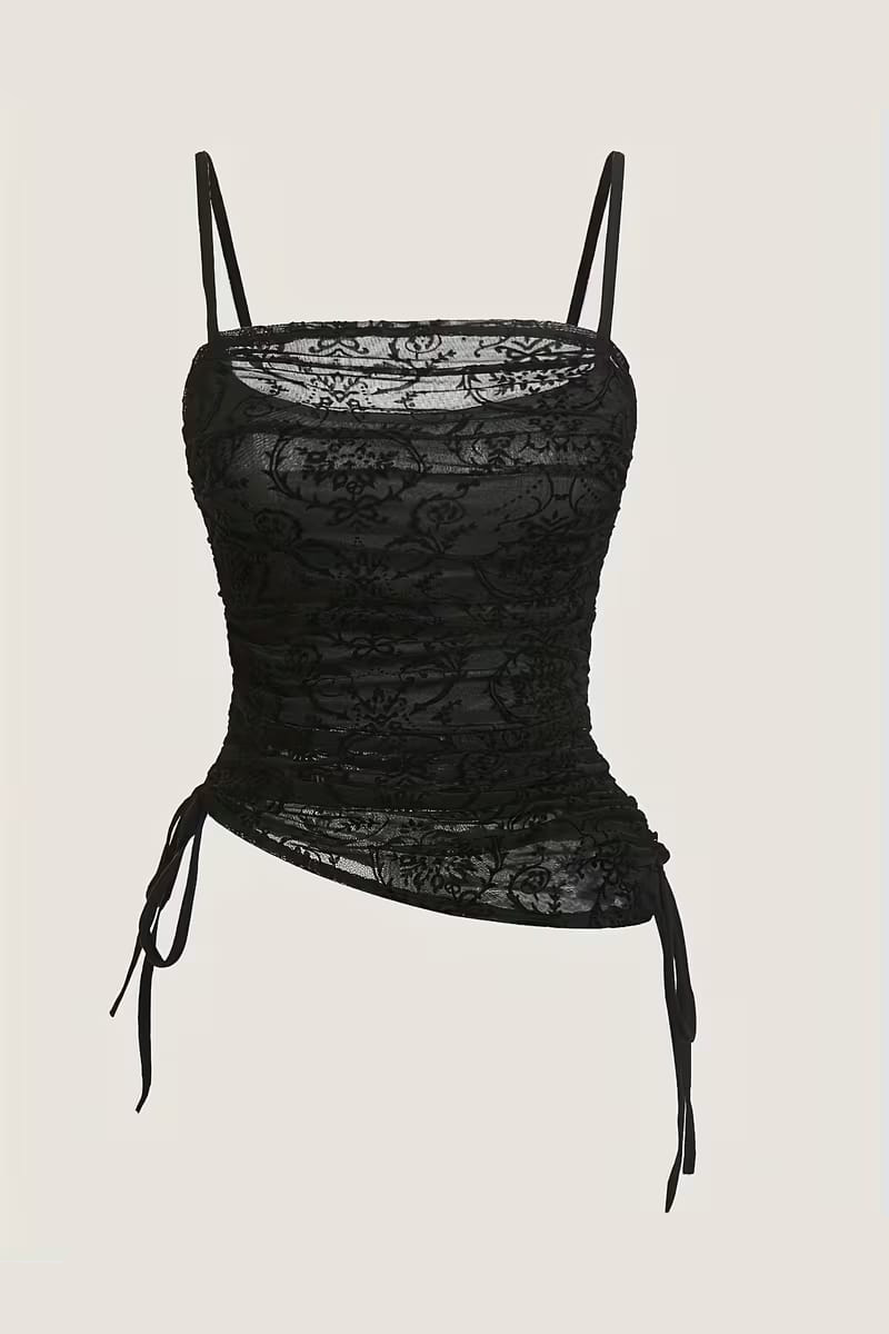 Siyah Transparan Dantelli Desenli Gotik Y2K Askılı Crop